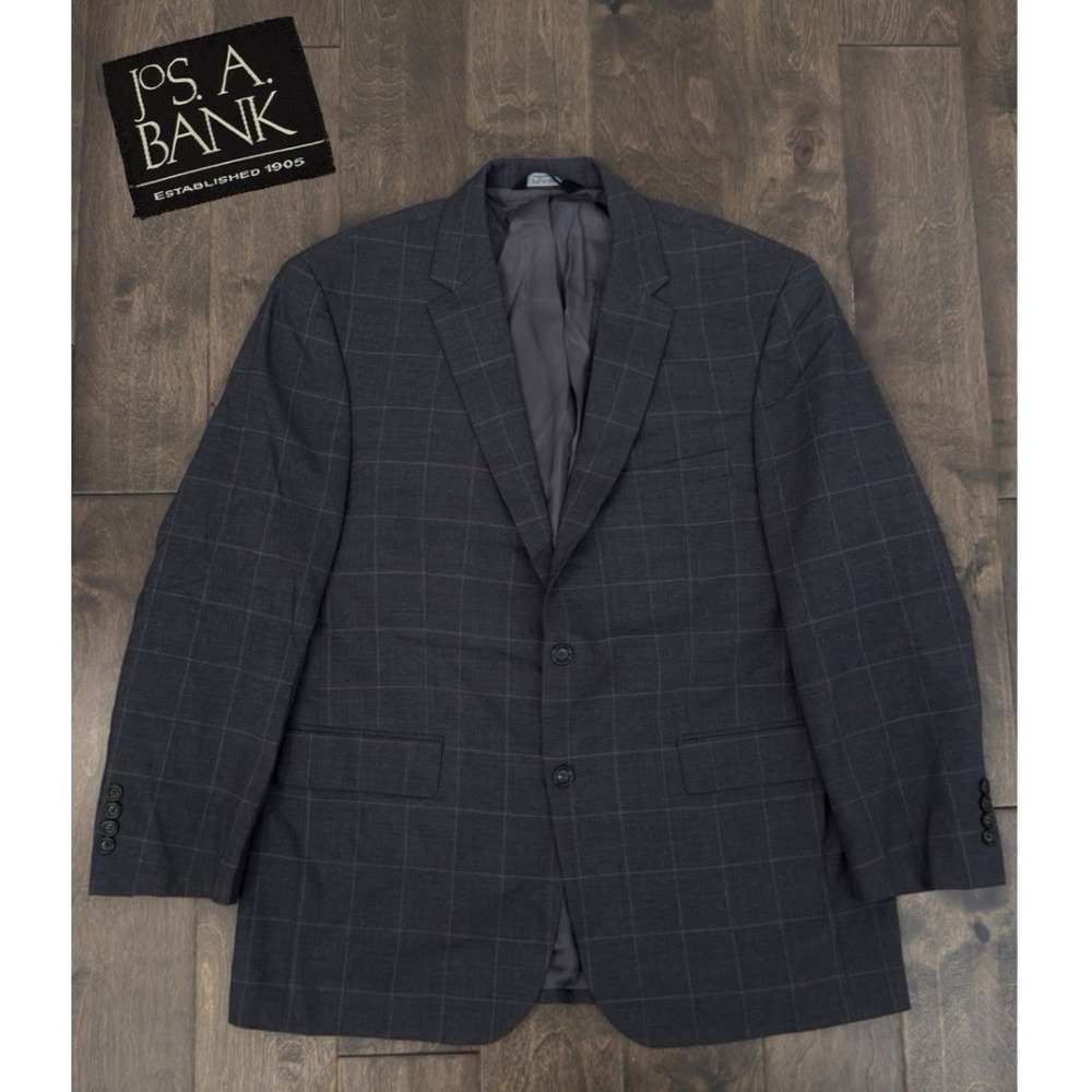 Jos A Bank Mens Size 44R 100% Wool Grey Windowpane Blazer Two Button Suit Jacket